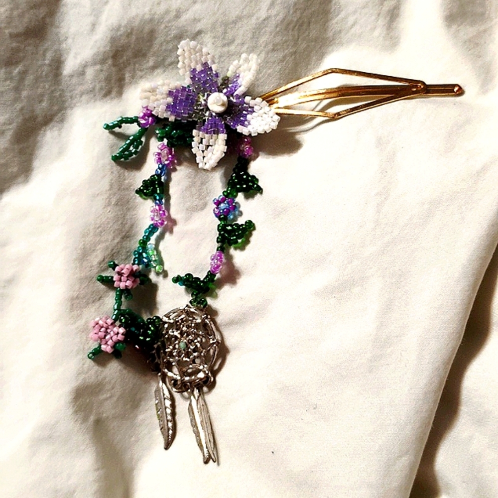 Purple Beaded Flower Hair Clip